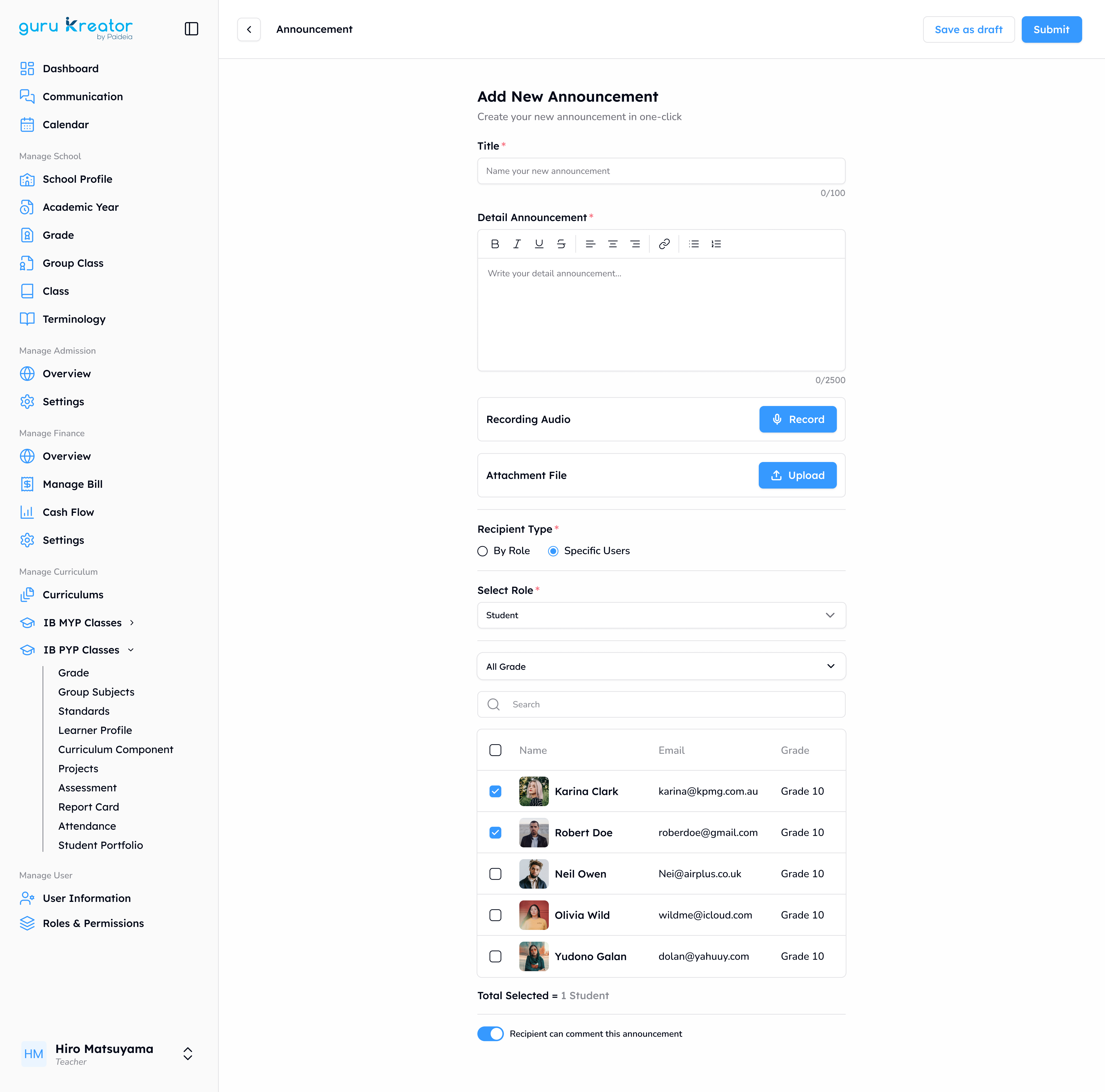 LMS, Pengumuman Sekolah, Announcement, Pemberitahuan, Aplikasi Guru Kreator